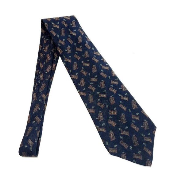 Calvin Klein Navy Blue Brown Jacquard Print Abstract Wide Silk Tie - Picture 6 of 6